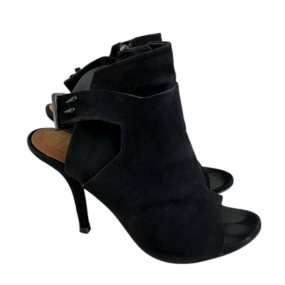 Givenchy Black Suede Open Toe Sling Back Heeled Bootie Boots Size 8 Damaged
